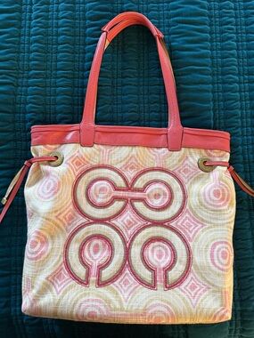 Coach Pink and Cream Embroidered Geometric Tote